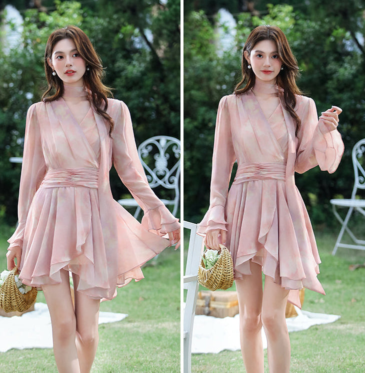 Women's Blush Pink Chiffon Layered Mini Dress-Long Sleeve Wrap-Style Garden Party Dress