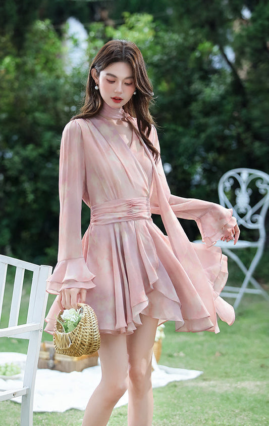 Women's Blush Pink Chiffon Layered Mini Dress-Long Sleeve Wrap-Style Garden Party Dress