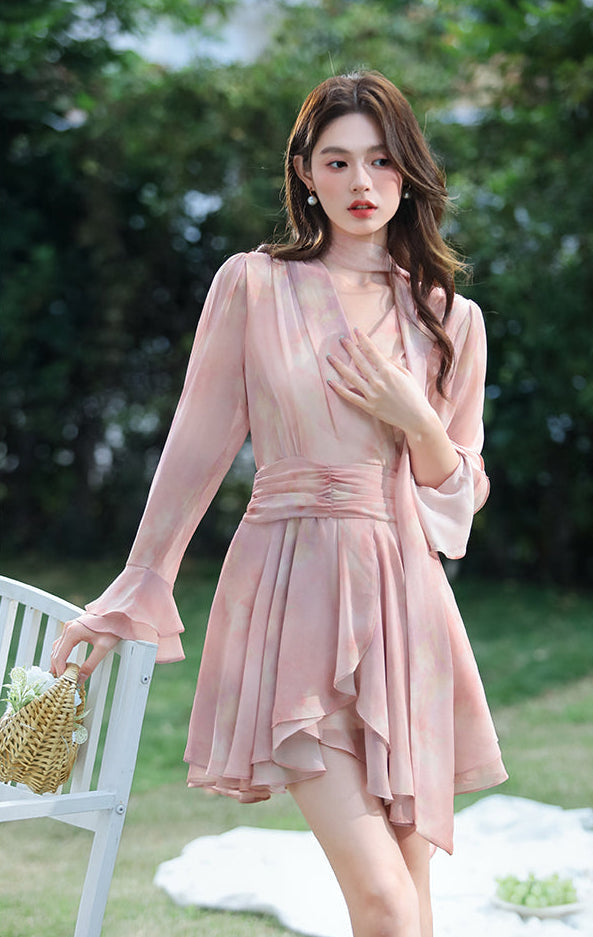 Women's Blush Pink Chiffon Layered Mini Dress-Long Sleeve Wrap-Style Garden Party Dress