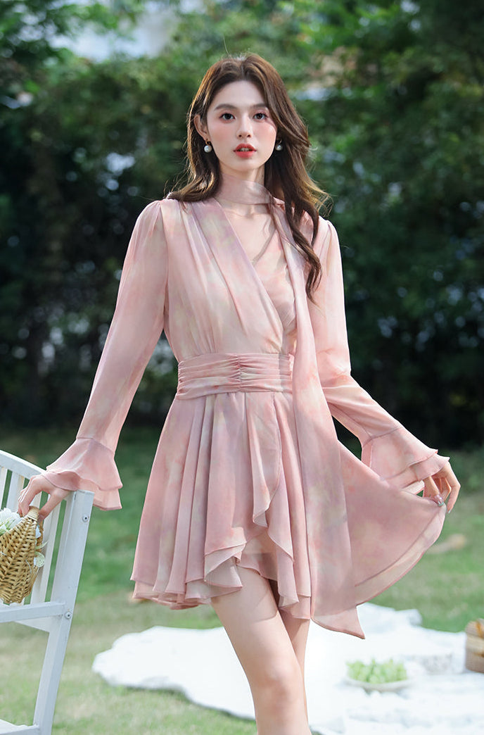Women's Blush Pink Chiffon Layered Mini Dress-Long Sleeve Wrap-Style Garden Party Dress