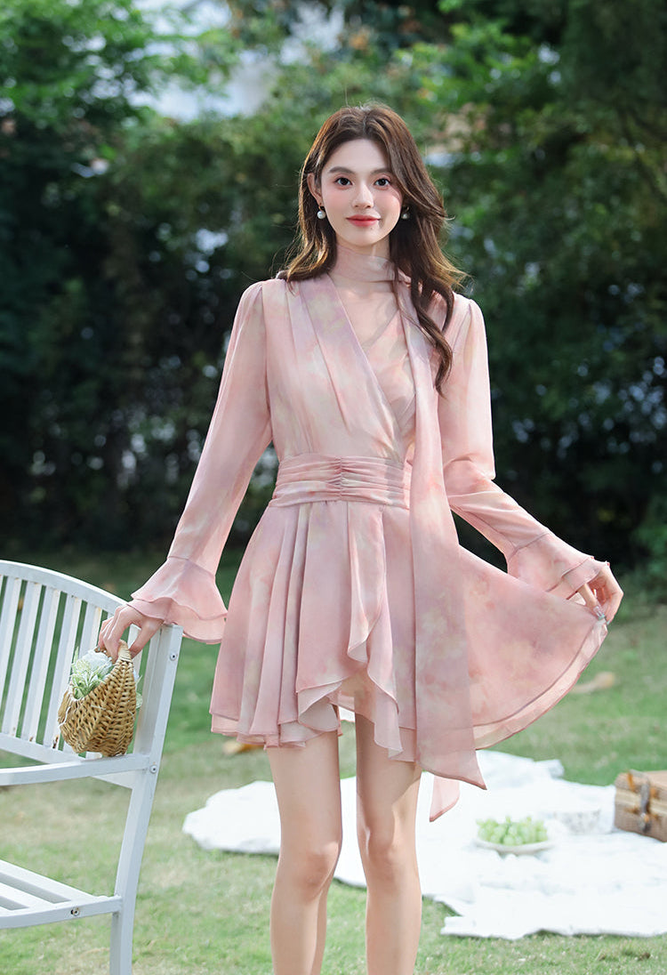 Women's Blush Pink Chiffon Layered Mini Dress-Long Sleeve Wrap-Style Garden Party Dress