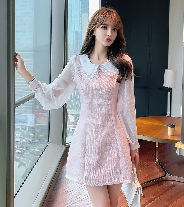 Blush Pink Tweed A-Line Dress with Ruffled Collar & Pearl Accents