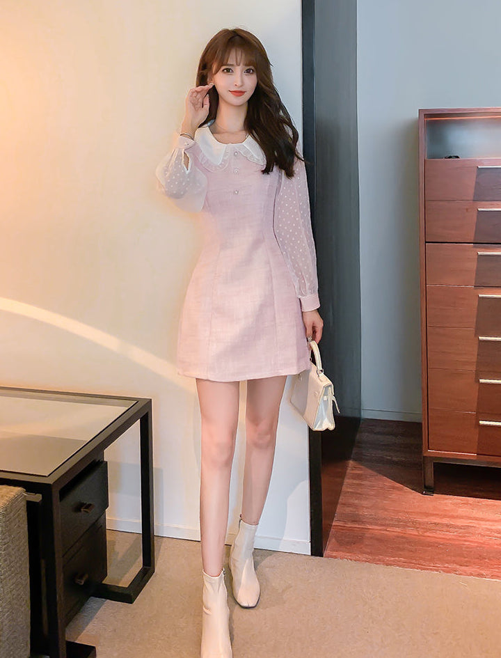 Blush Pink Tweed A-Line Dress with Ruffled Collar & Pearl Accents