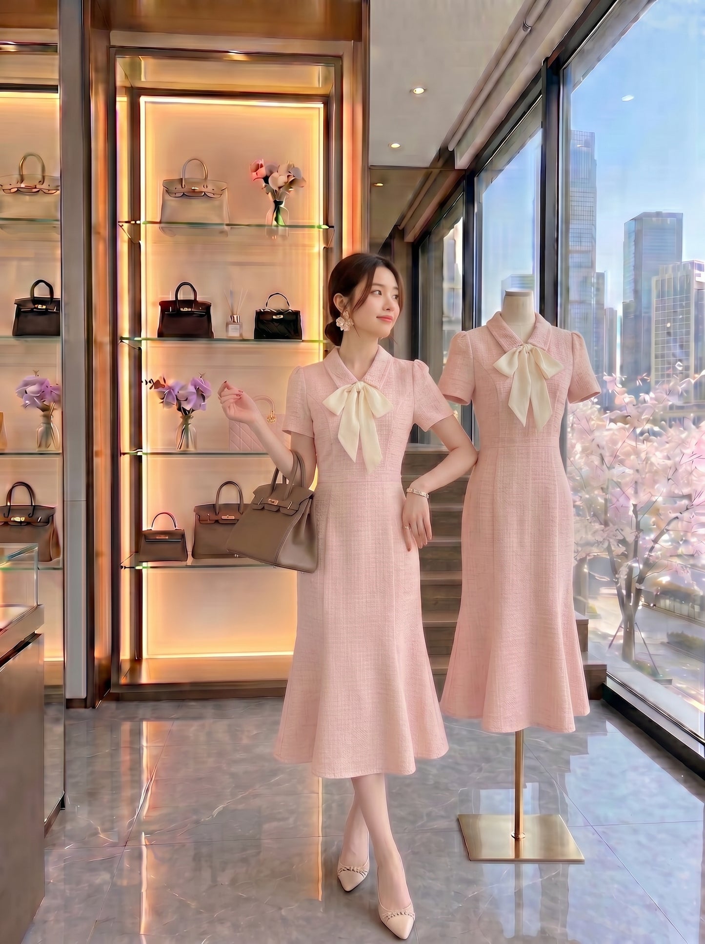 Blush Romance Bow Collar Tweed Dress