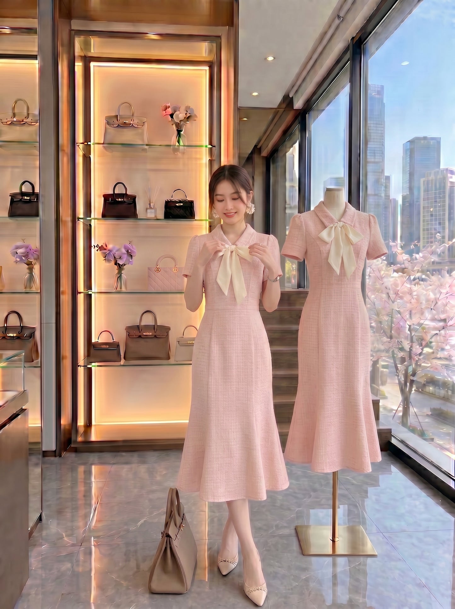Blush Romance Bow Collar Tweed Dress