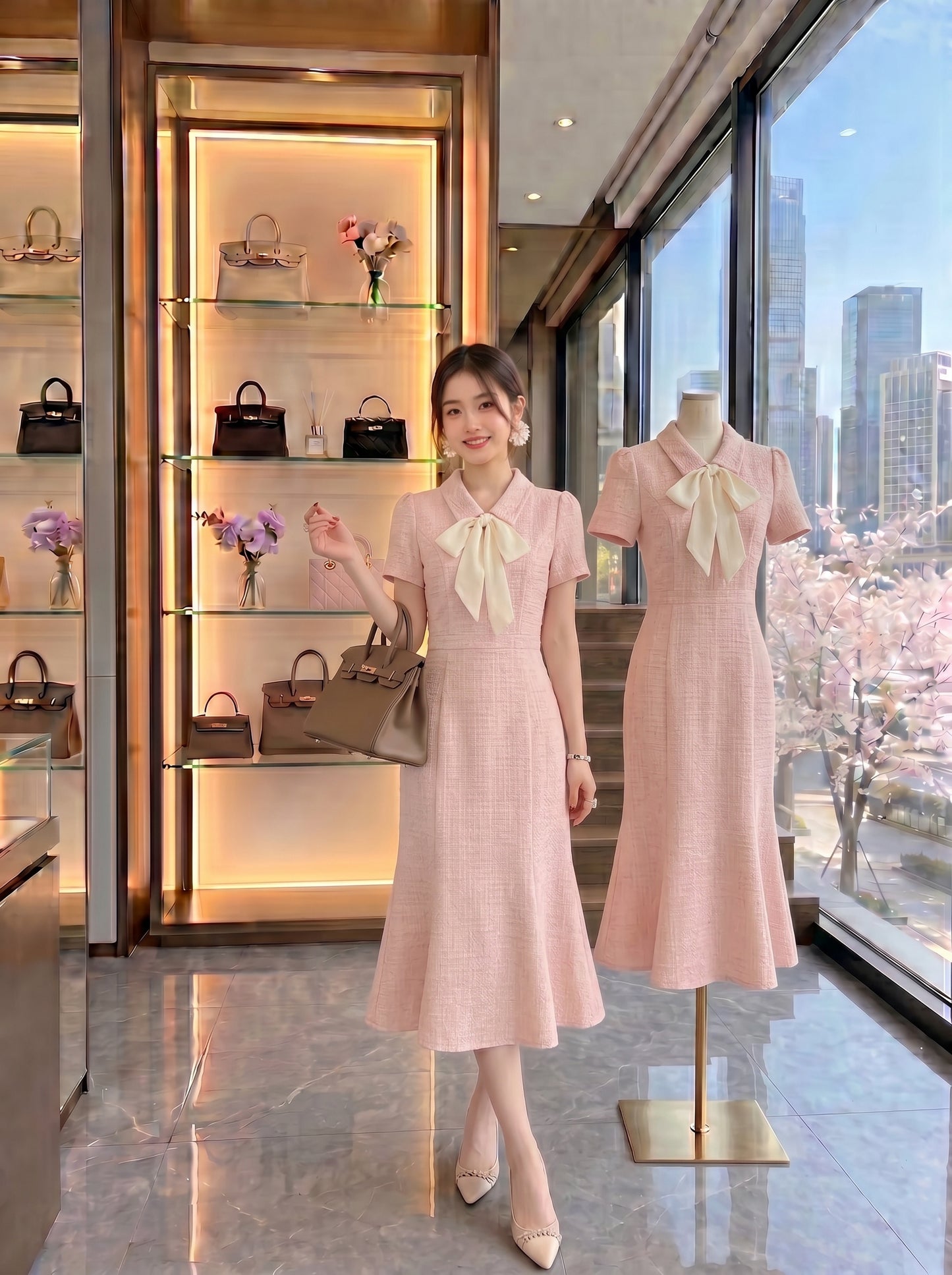 Blush Romance Bow Collar Tweed Dress