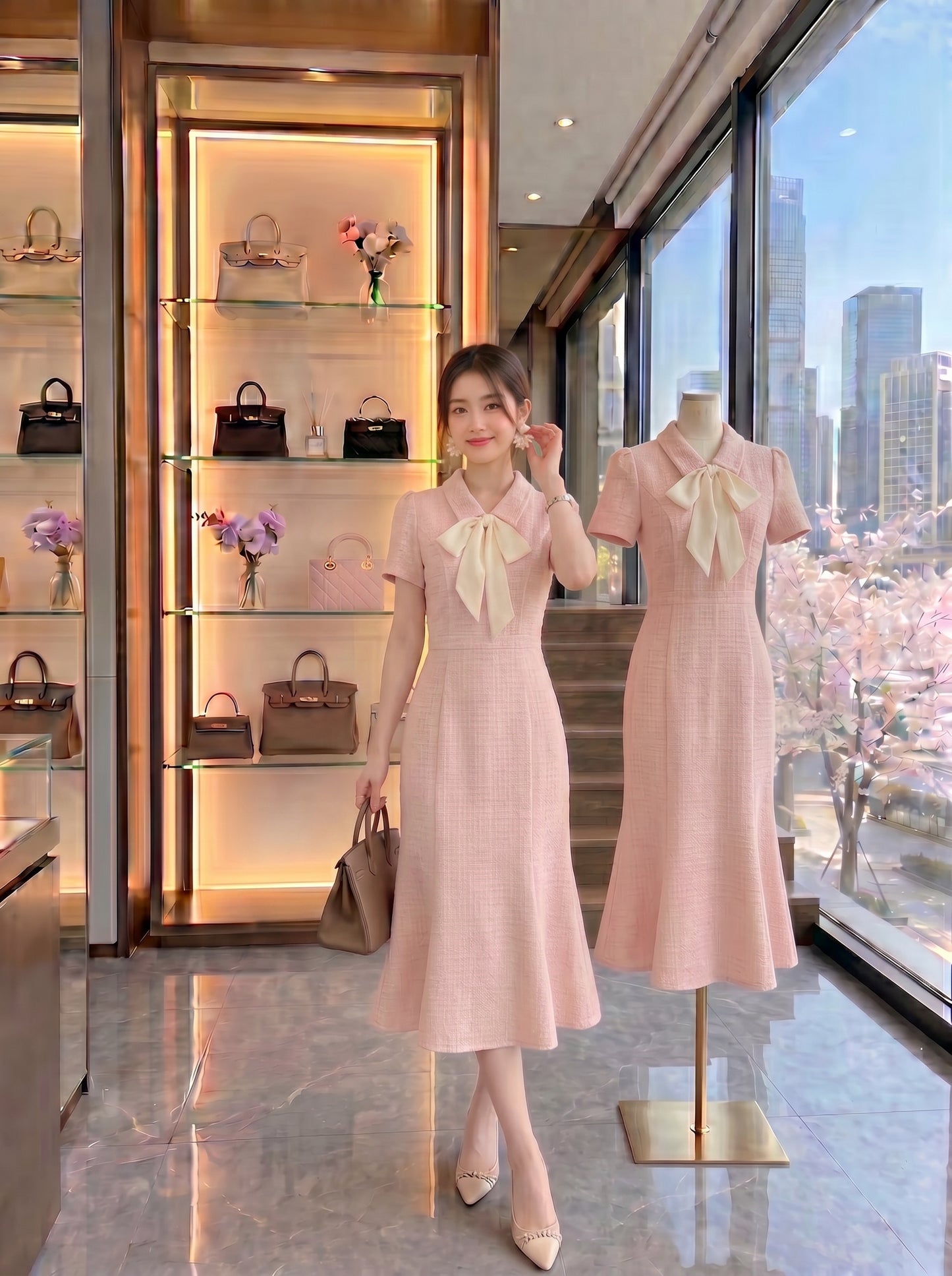 Blush Romance Bow Collar Tweed Dress