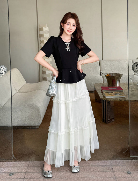 Bow-Detail Peplum Top and Ruffled Tulle Maxi Co-ord