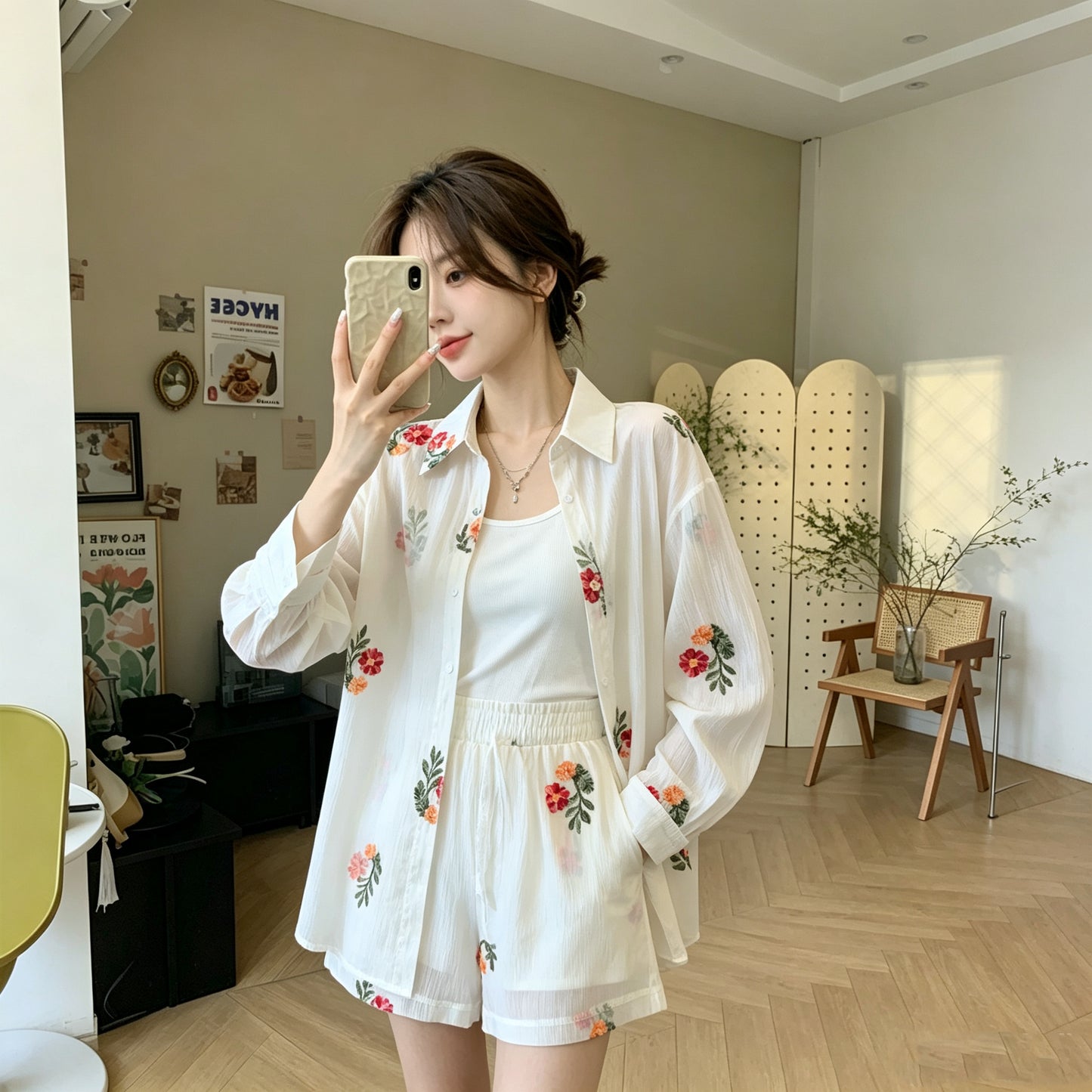 Breezy Summer Floral Embroidery Two-Piece Matching Set