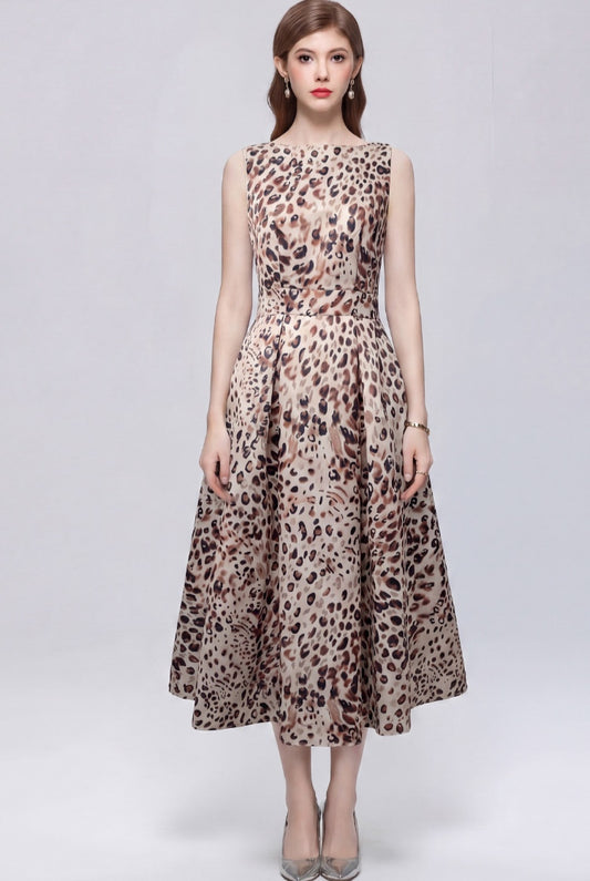 Brown Sleeveless printed With A Three-dimensional Cut Dress