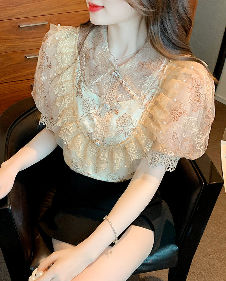 Tiered Ruffle Mesh Blouse with Scalloped Lace Trim