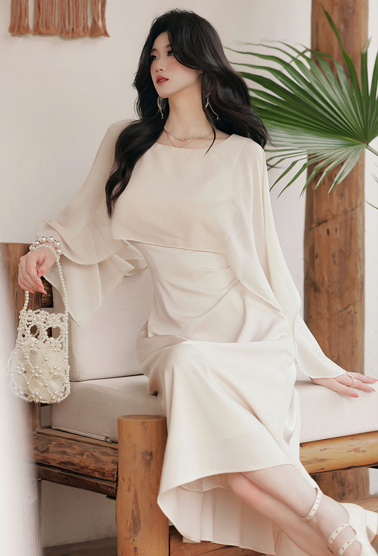 Aurora Draped Cape-Sleeve Midi Dress