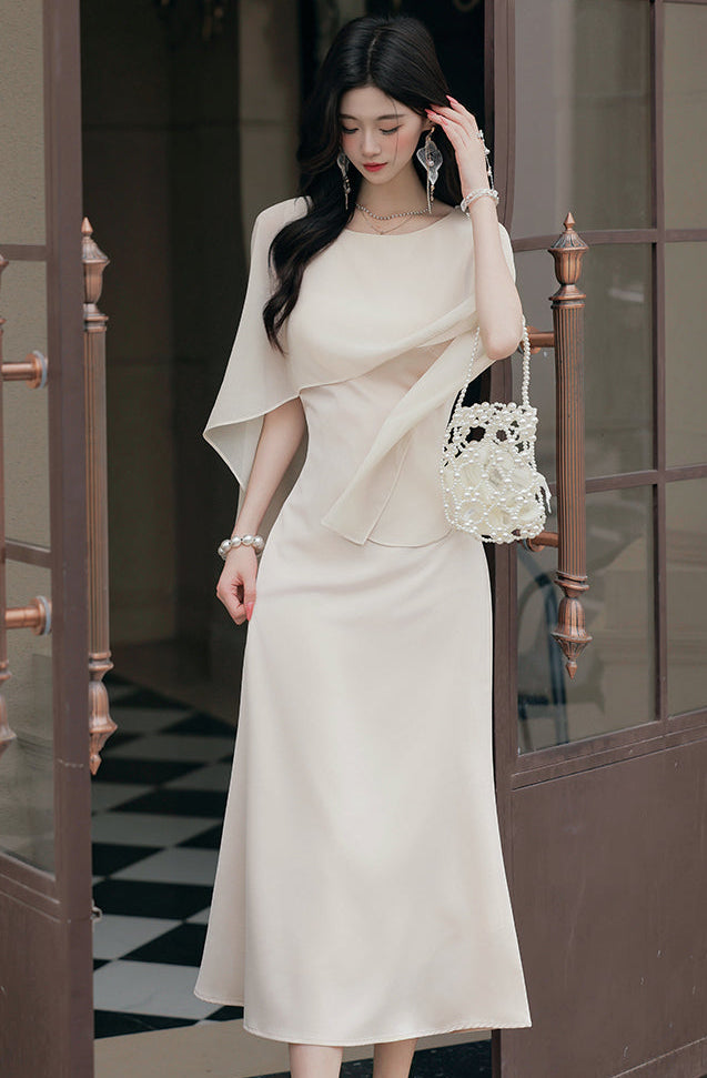 Aurora Draped Cape-Sleeve Midi Dress