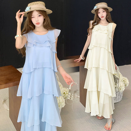 Cascade Tiered Chiffon Loose Fit Long Dress