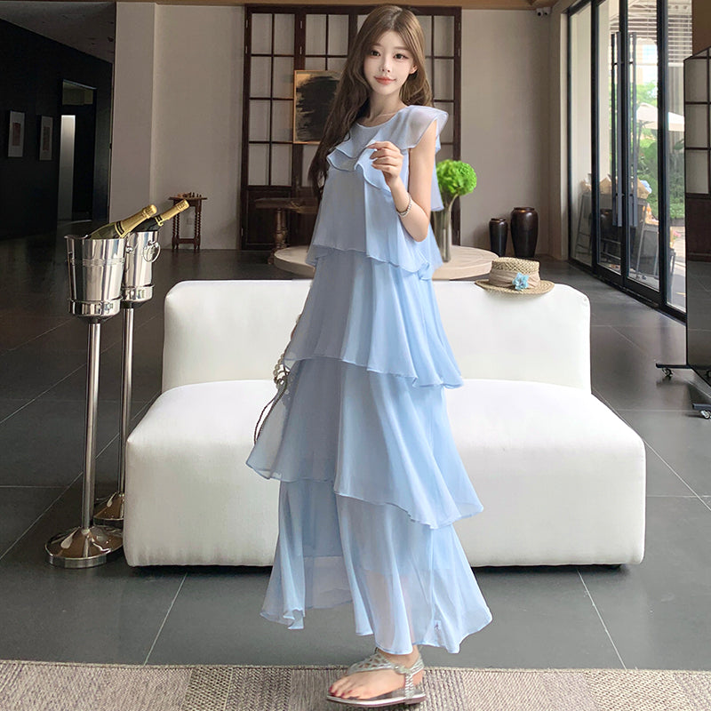 Cascade Tiered Chiffon Loose Fit Long Dress