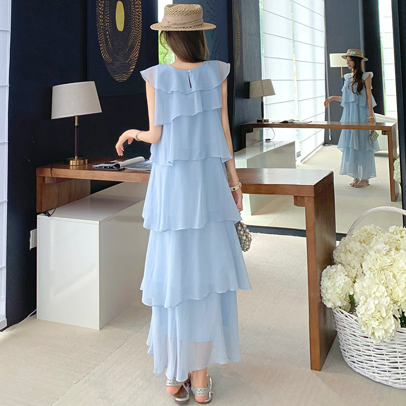 Cascade Tiered Chiffon Loose Fit Long Dress