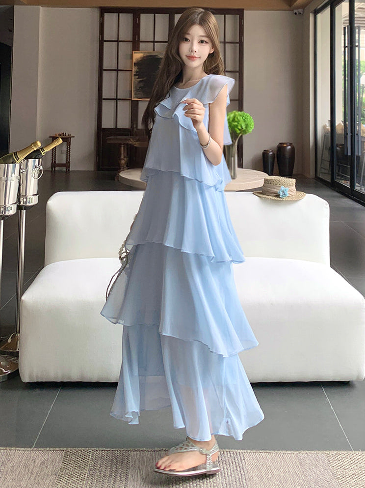 Cascade Tiered Chiffon Loose Fit Long Dress
