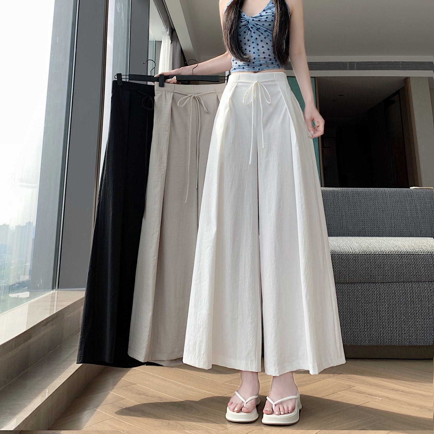 High-Waist Flowy Wide-Leg Pants with Drawstring Tie Waist
