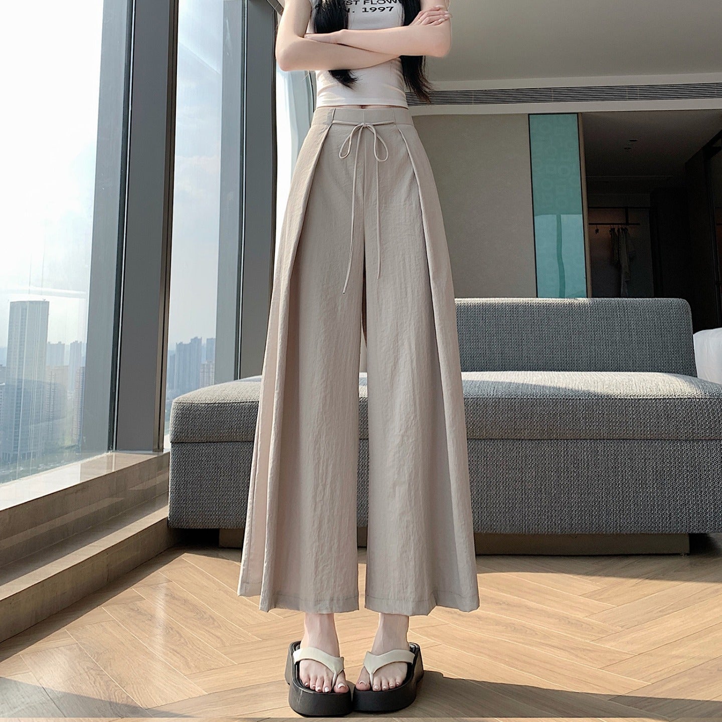 High-Waist Flowy Wide-Leg Pants with Drawstring Tie Waist