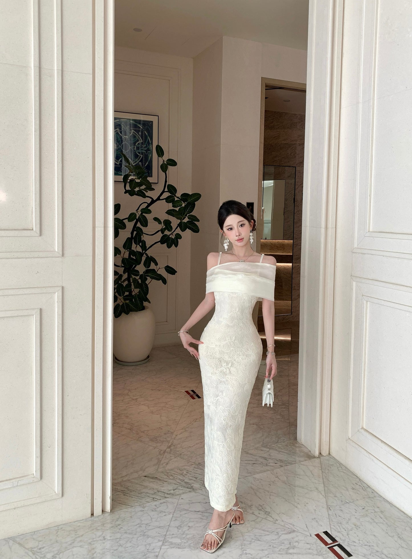 Celeste Off-Shoulder Foldover Embroidered Maxi Gown