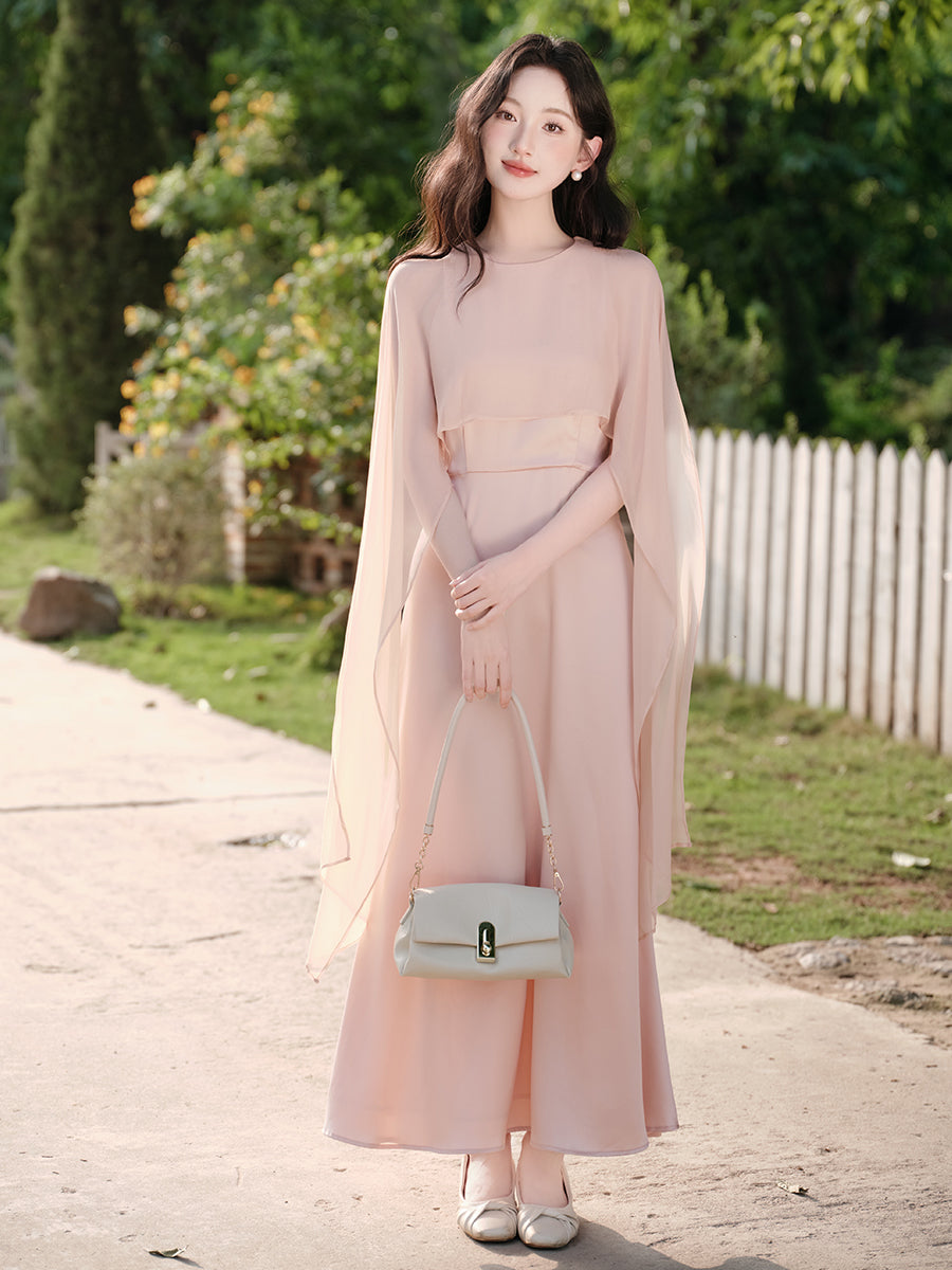 Celeste Sheer Capelet A-Line Evening Maxi Dress