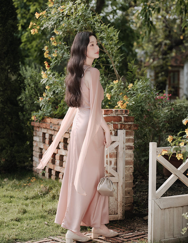 Celeste Sheer Capelet A-Line Evening Maxi Dress