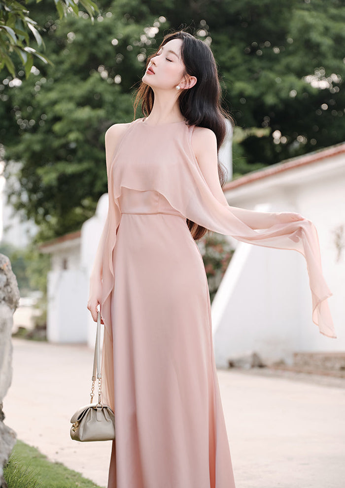 Celeste Sheer Capelet A-Line Evening Maxi Dress