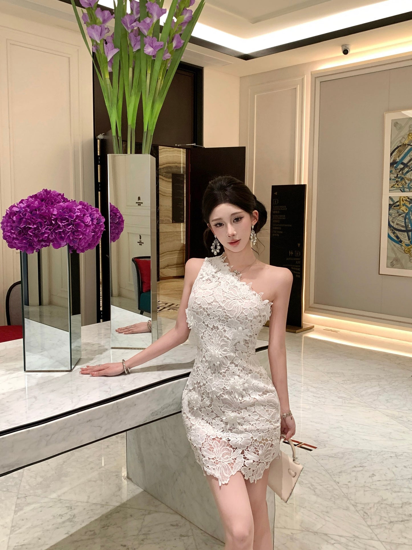 Celestia One-Shoulder Floral Lace Mini Dress
