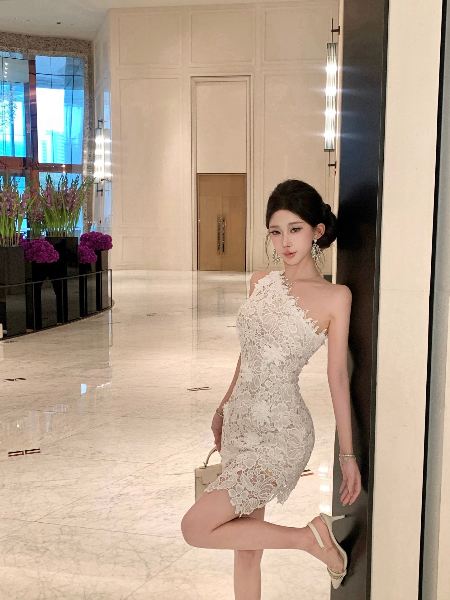 Celestia One-Shoulder Floral Lace Mini Dress
