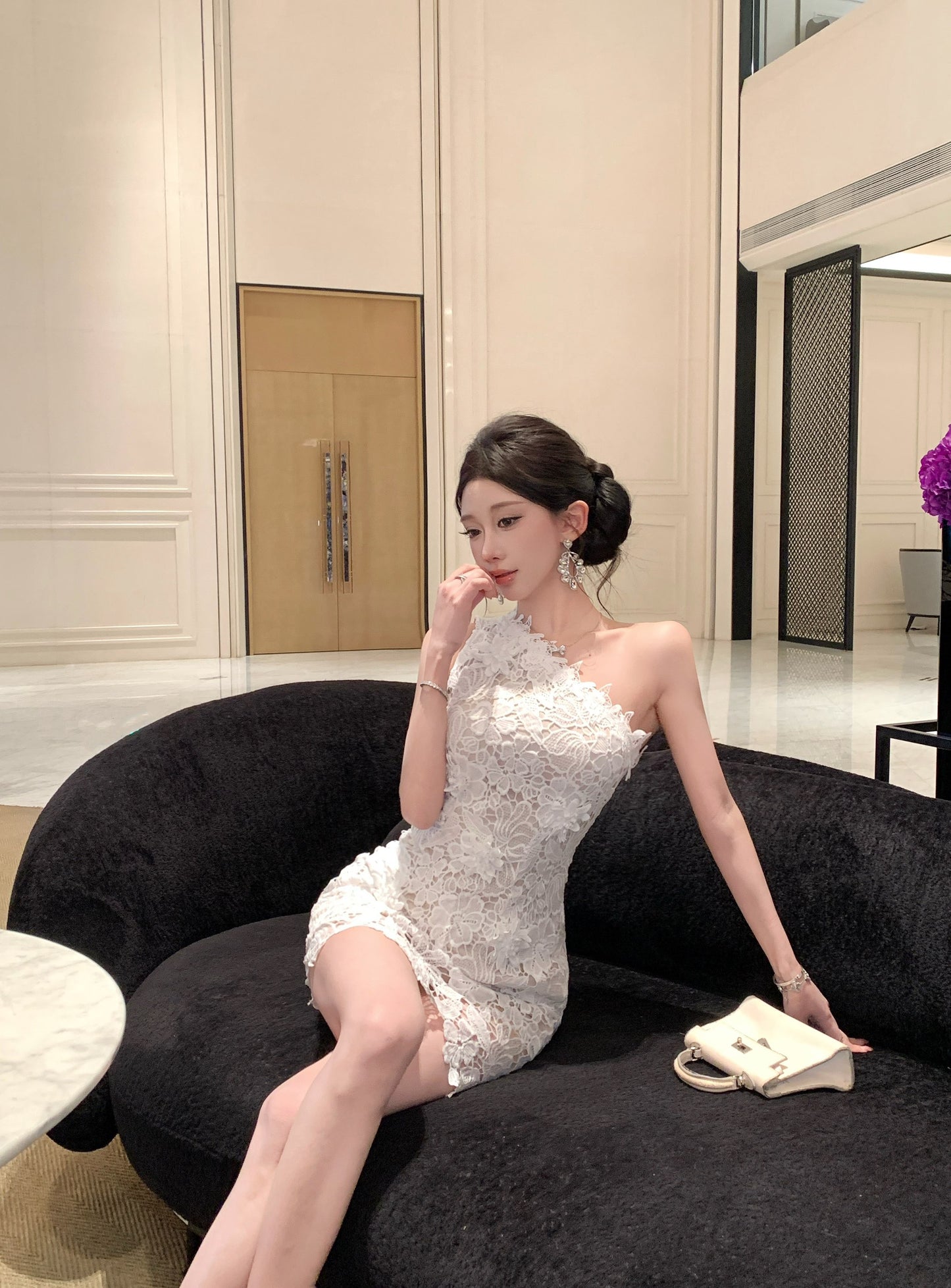 Celestia One-Shoulder Floral Lace Mini Dress