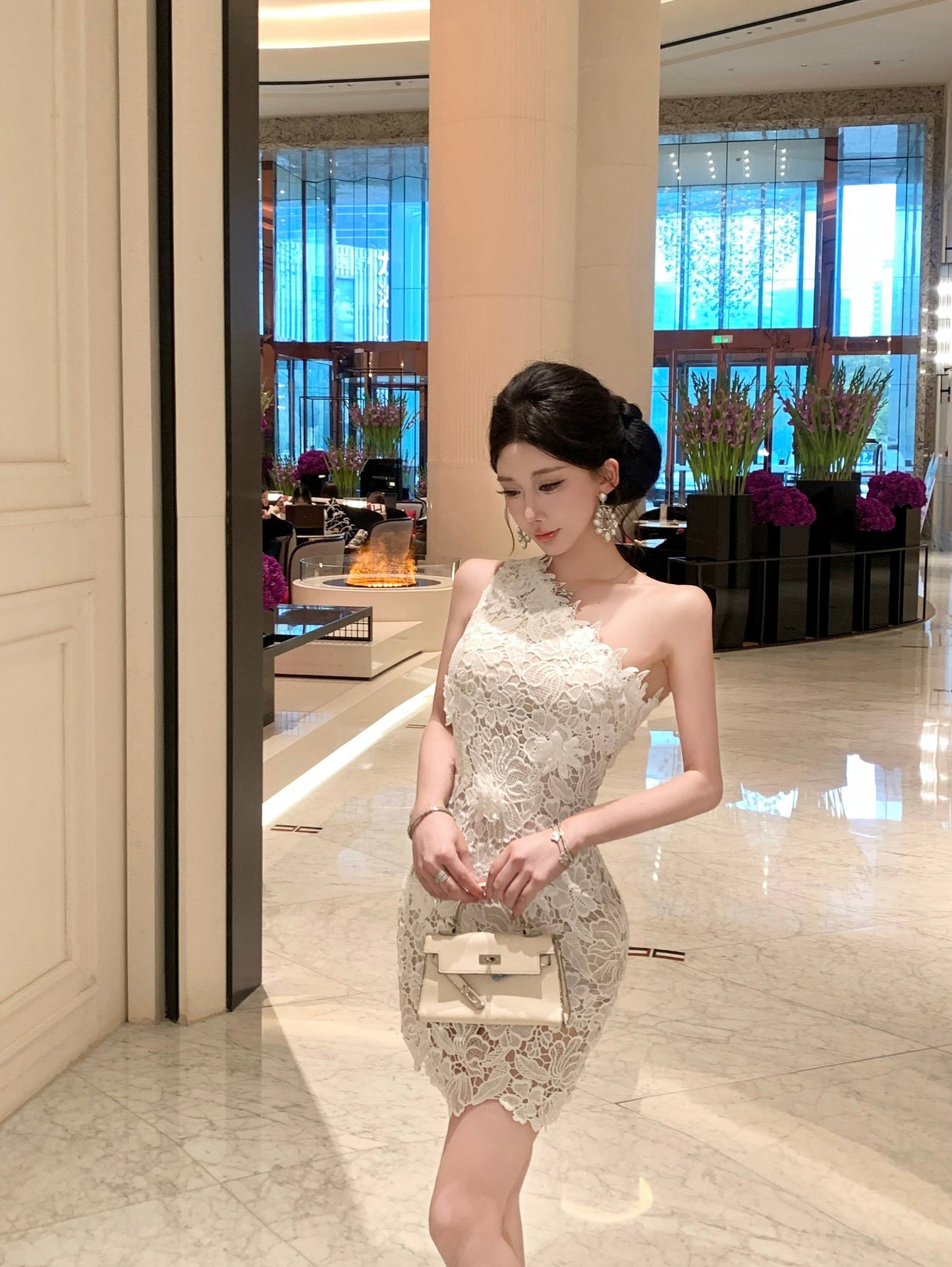 Celestia One-Shoulder Floral Lace Mini Dress