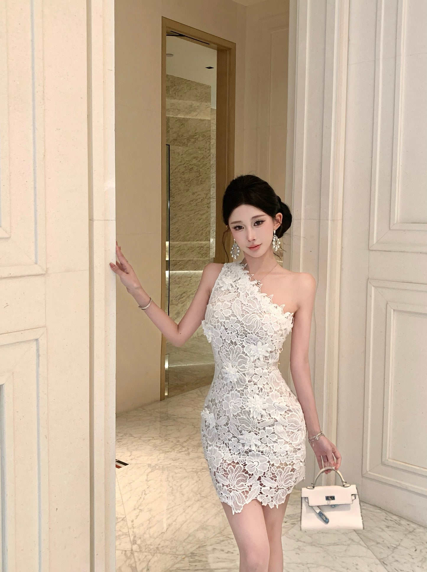 Celestia One-Shoulder Floral Lace Mini Dress