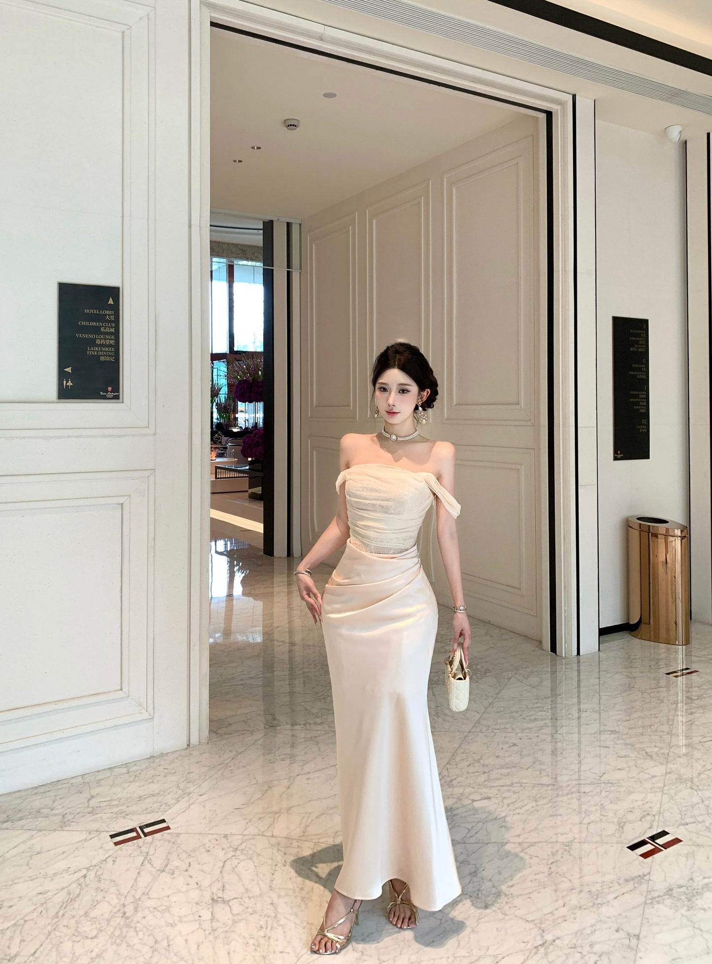 Champagne Off-the-Shoulder Mesh Lace Corset & Satin Draped Maxi Dress
