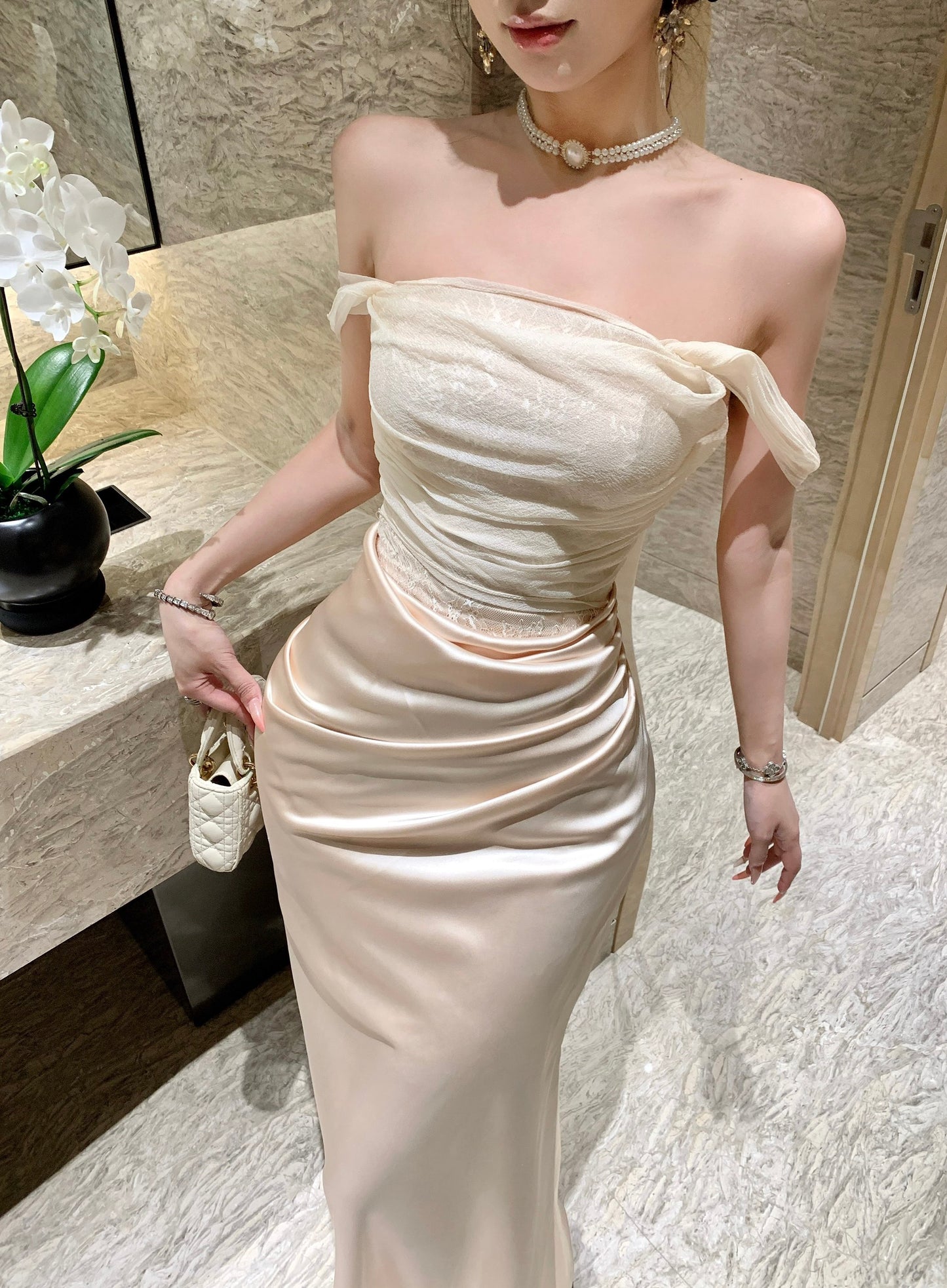 Champagne Off-the-Shoulder Mesh Lace Corset & Satin Draped Maxi Dress