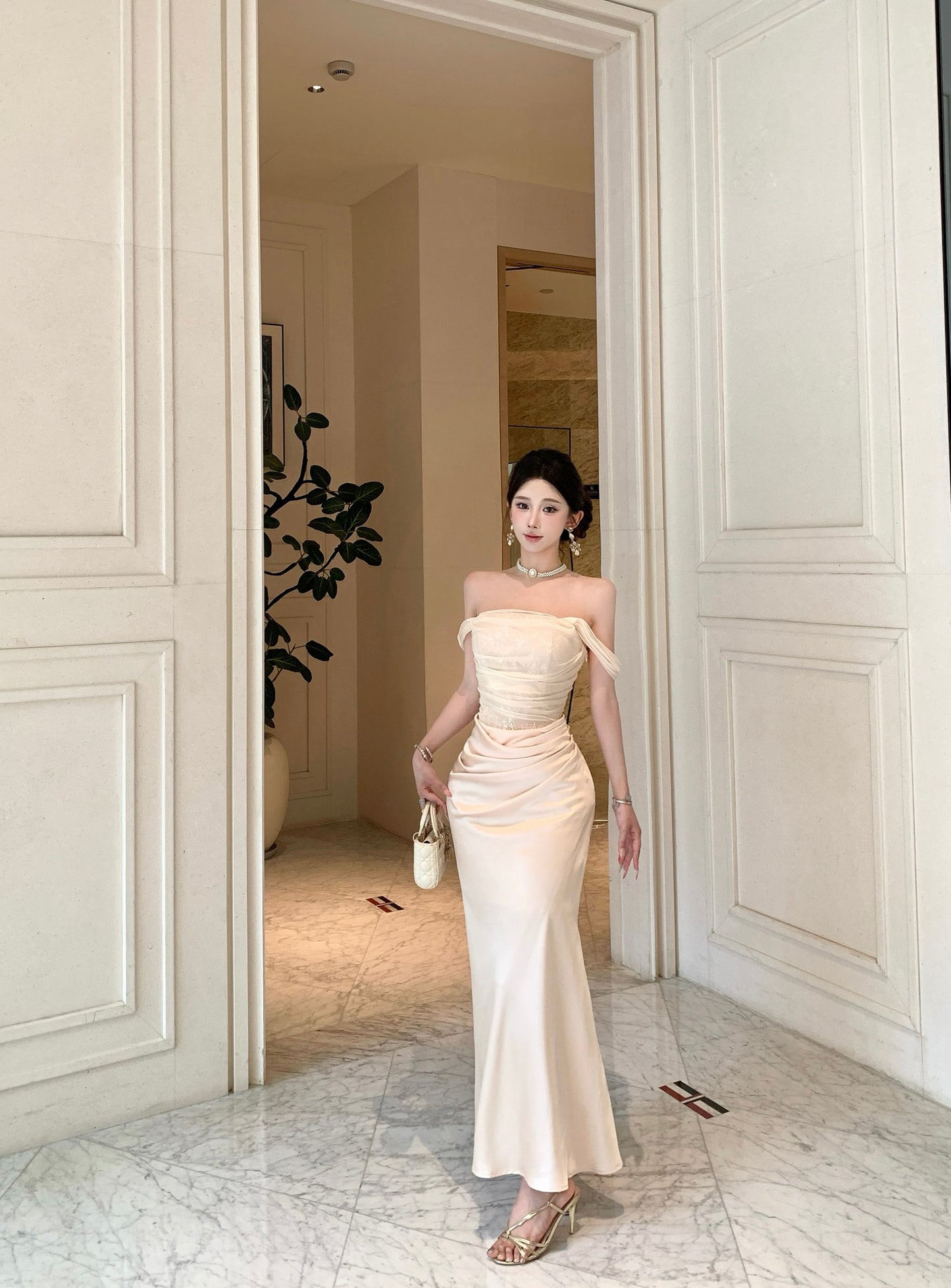 Champagne Off-the-Shoulder Mesh Lace Corset & Satin Draped Maxi Dress