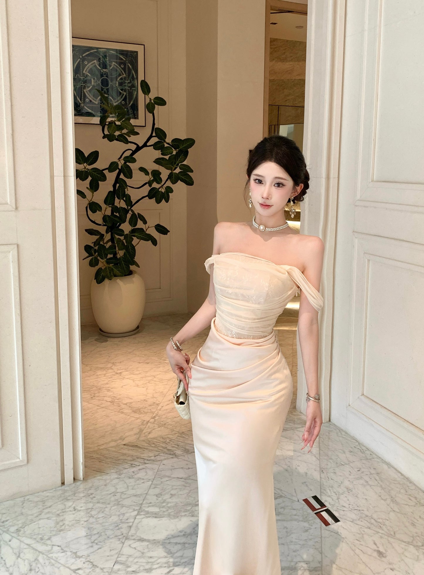 Champagne Off-the-Shoulder Mesh Lace Corset & Satin Draped Maxi Dress