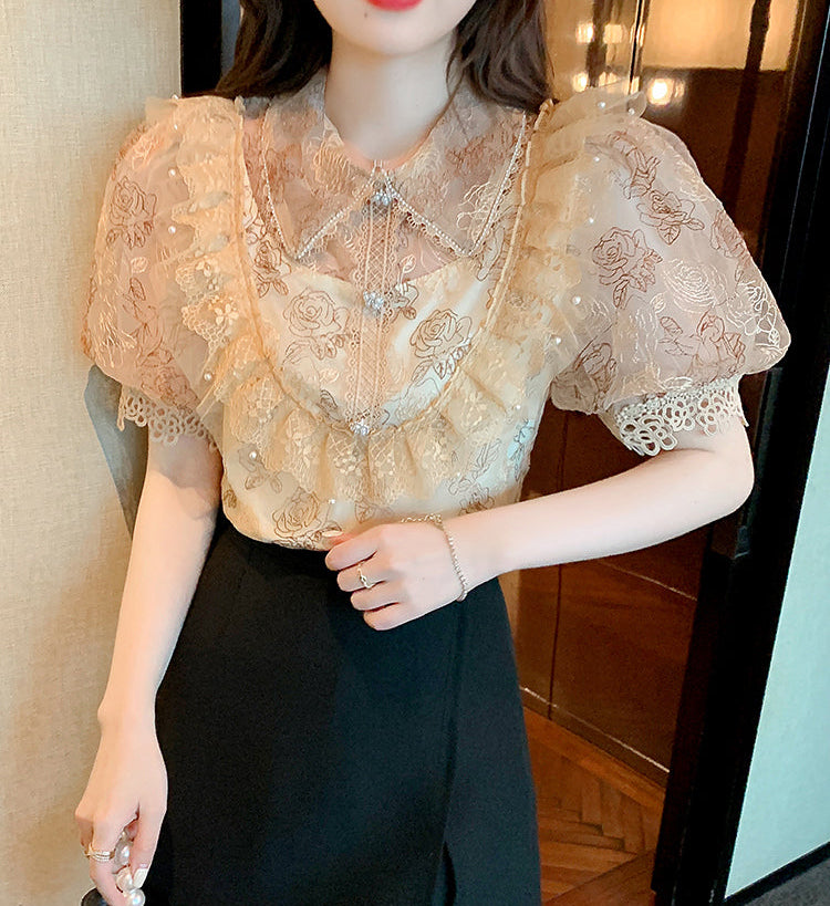 Tiered Ruffle Mesh Blouse with Scalloped Lace Trim
