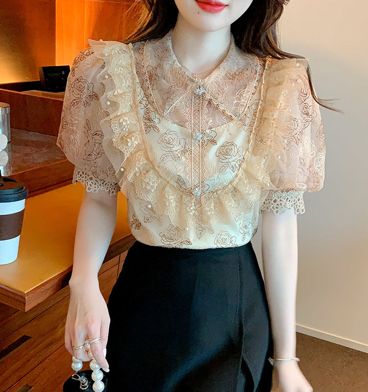 Tiered Ruffle Mesh Blouse with Scalloped Lace Trim