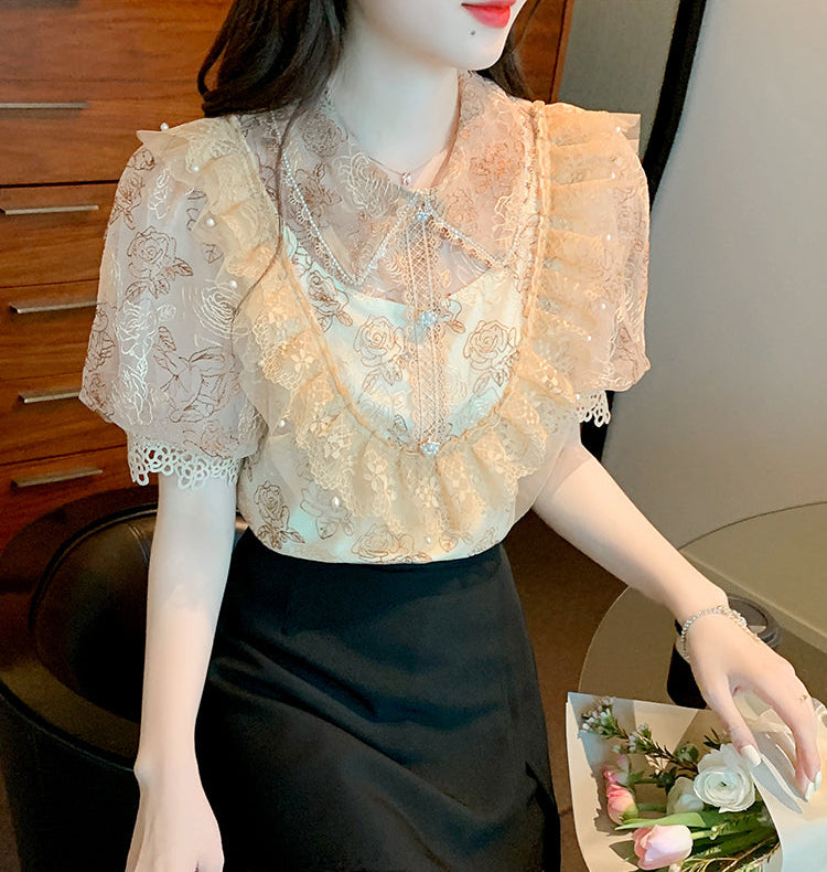 Tiered Ruffle Mesh Blouse with Scalloped Lace Trim