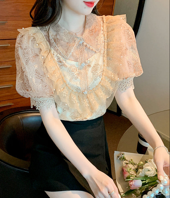 Tiered Ruffle Mesh Blouse with Scalloped Lace Trim