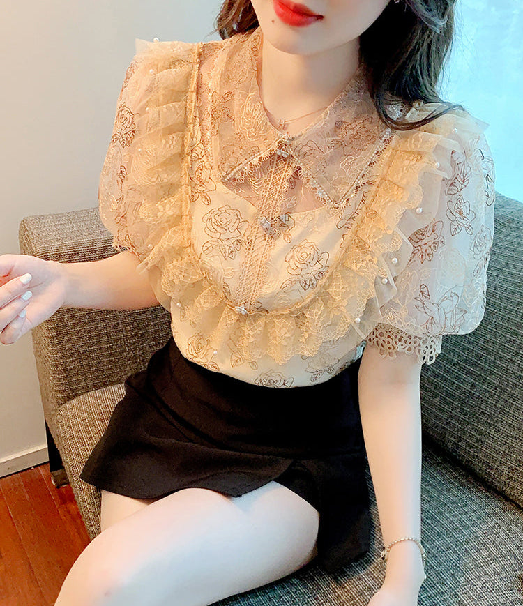 Tiered Ruffle Mesh Blouse with Scalloped Lace Trim