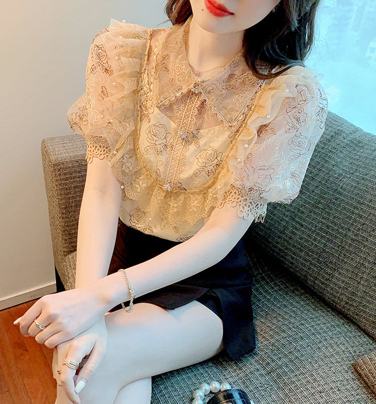Tiered Ruffle Mesh Blouse with Scalloped Lace Trim