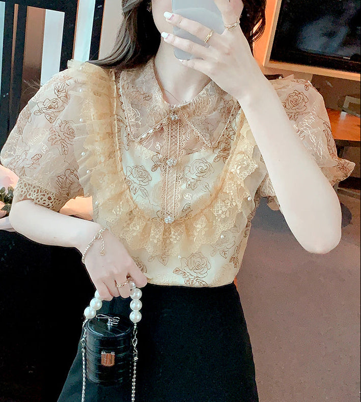 Tiered Ruffle Mesh Blouse with Scalloped Lace Trim