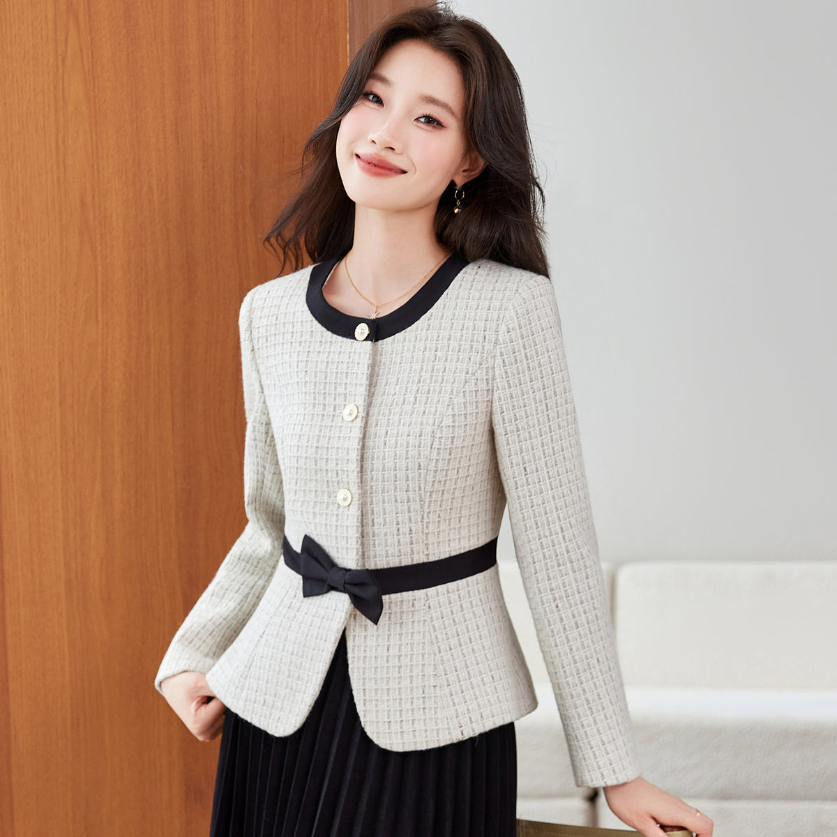 Chanel-Style Bow Waist Tweed Jacket