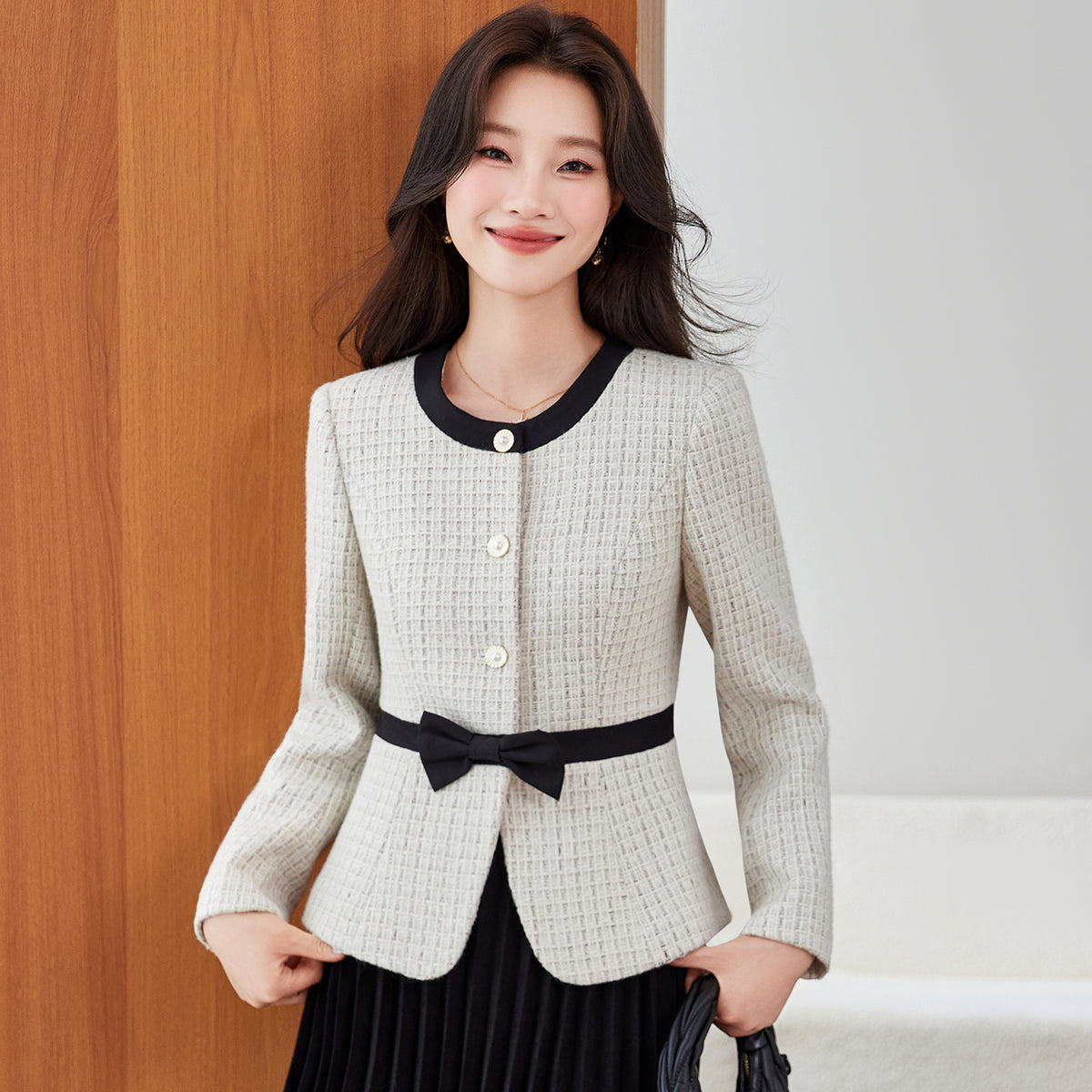 Chanel-Style Bow Waist Tweed Jacket