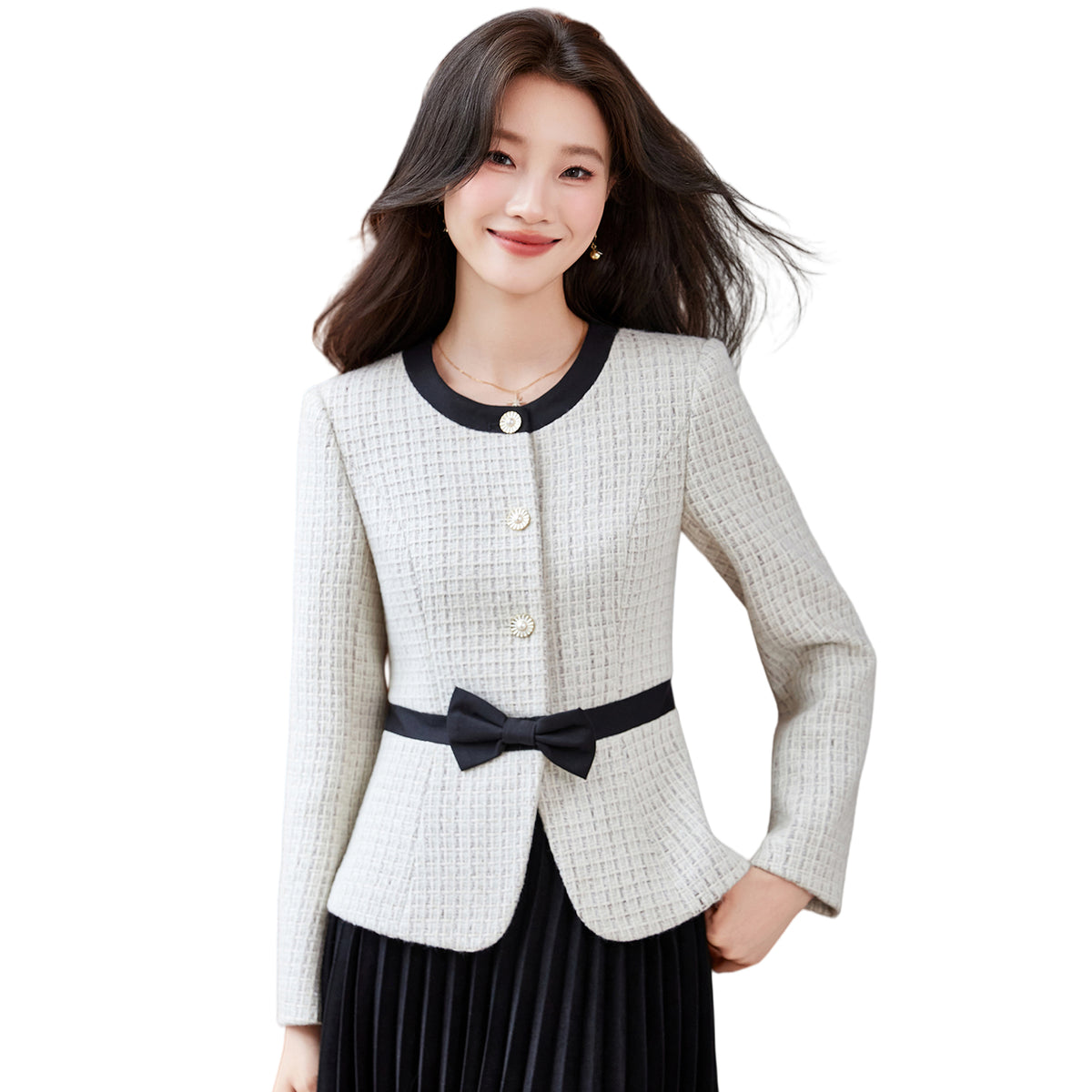 Chanel-Style Bow Waist Tweed Jacket