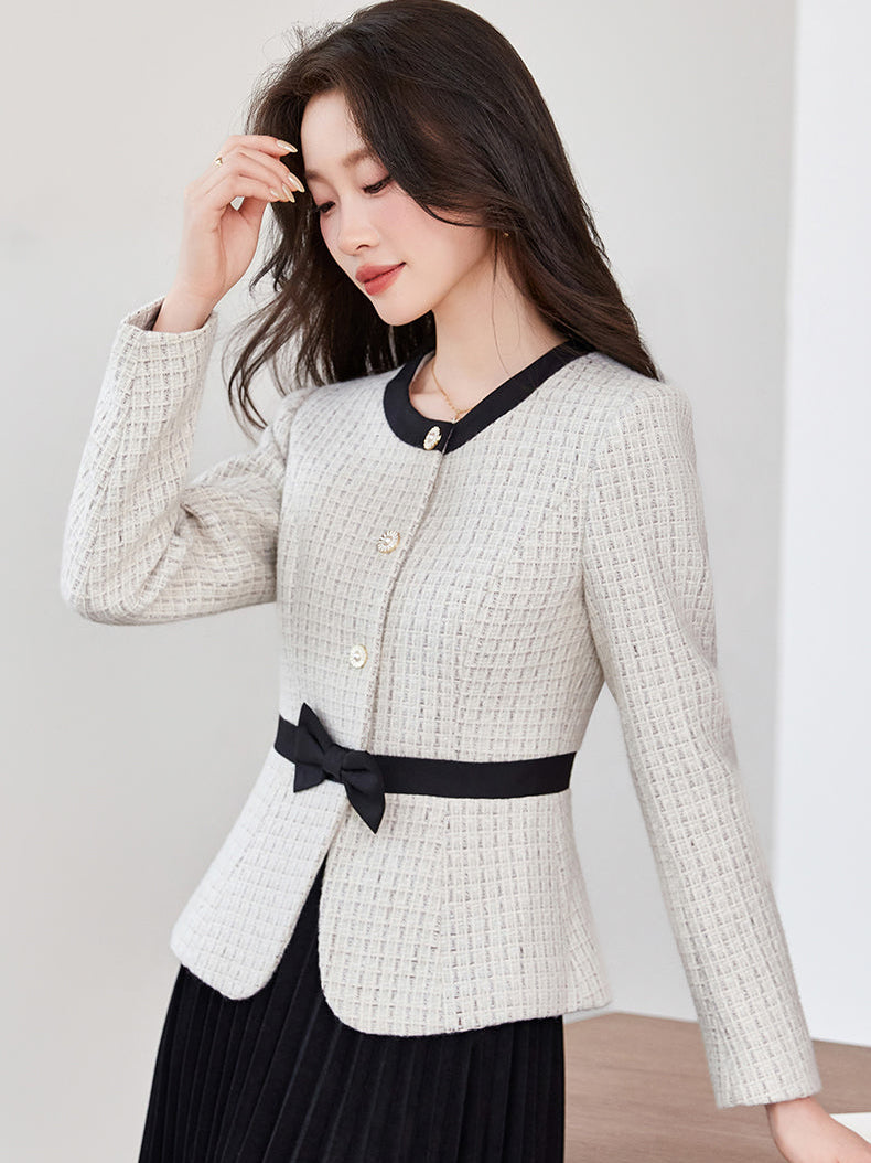 Chanel-Style Bow Waist Tweed Jacket
