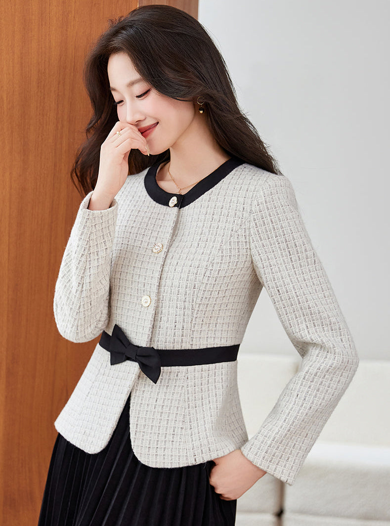 Chanel-Style Bow Waist Tweed Jacket