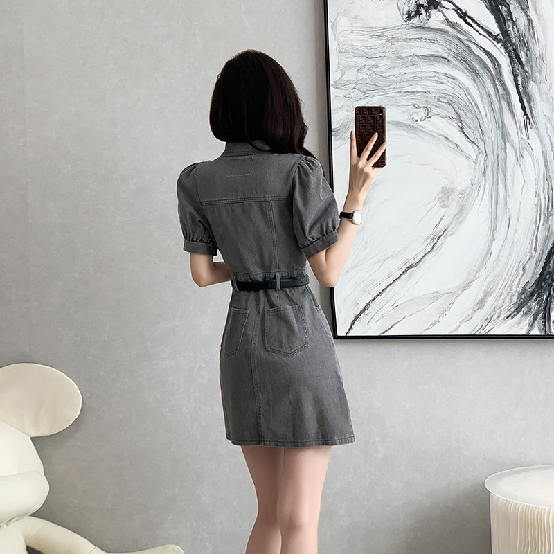 Charcoal Wash Denim Belted Mini Shirt Dress