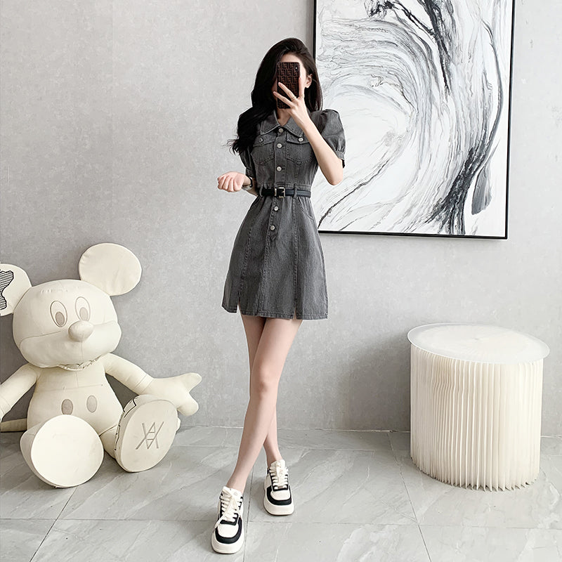 Charcoal Wash Denim Belted Mini Shirt Dress